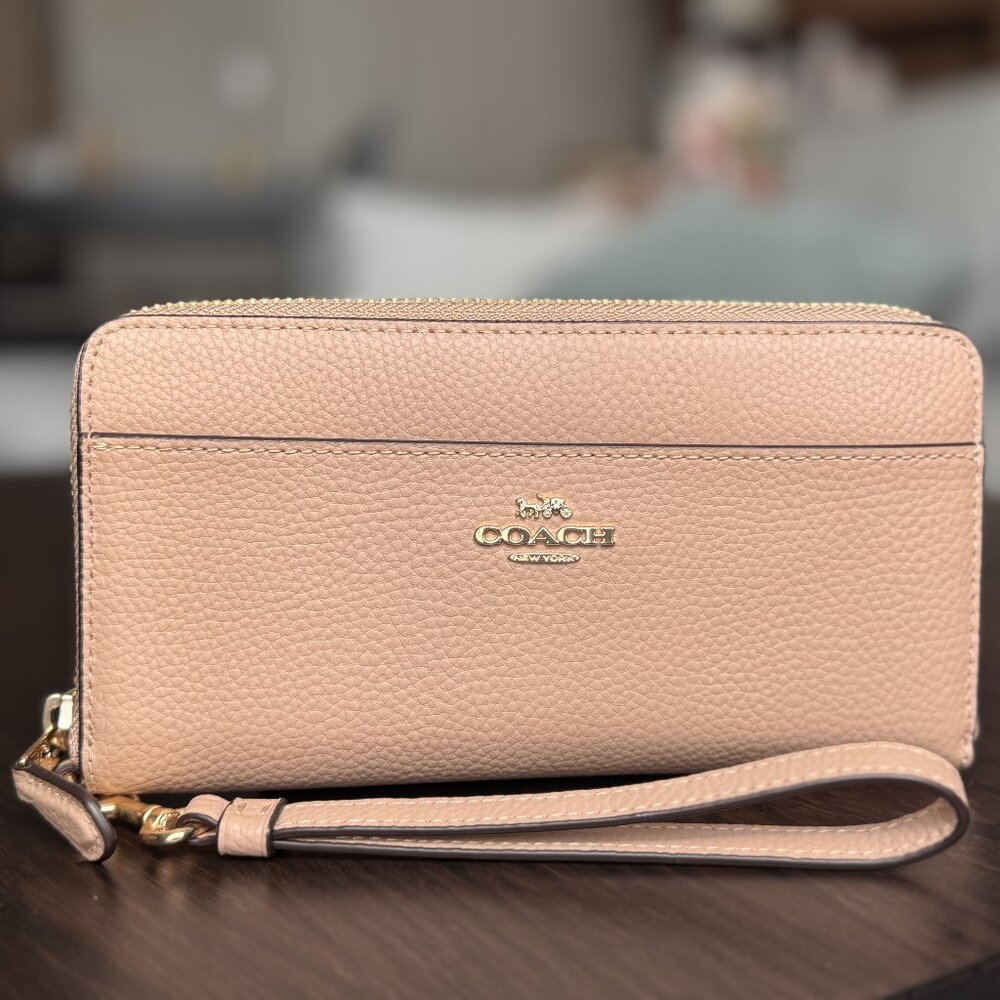 Coach - Long Zip Around Wallet w/ Wristlet Strap - Beige / Gold